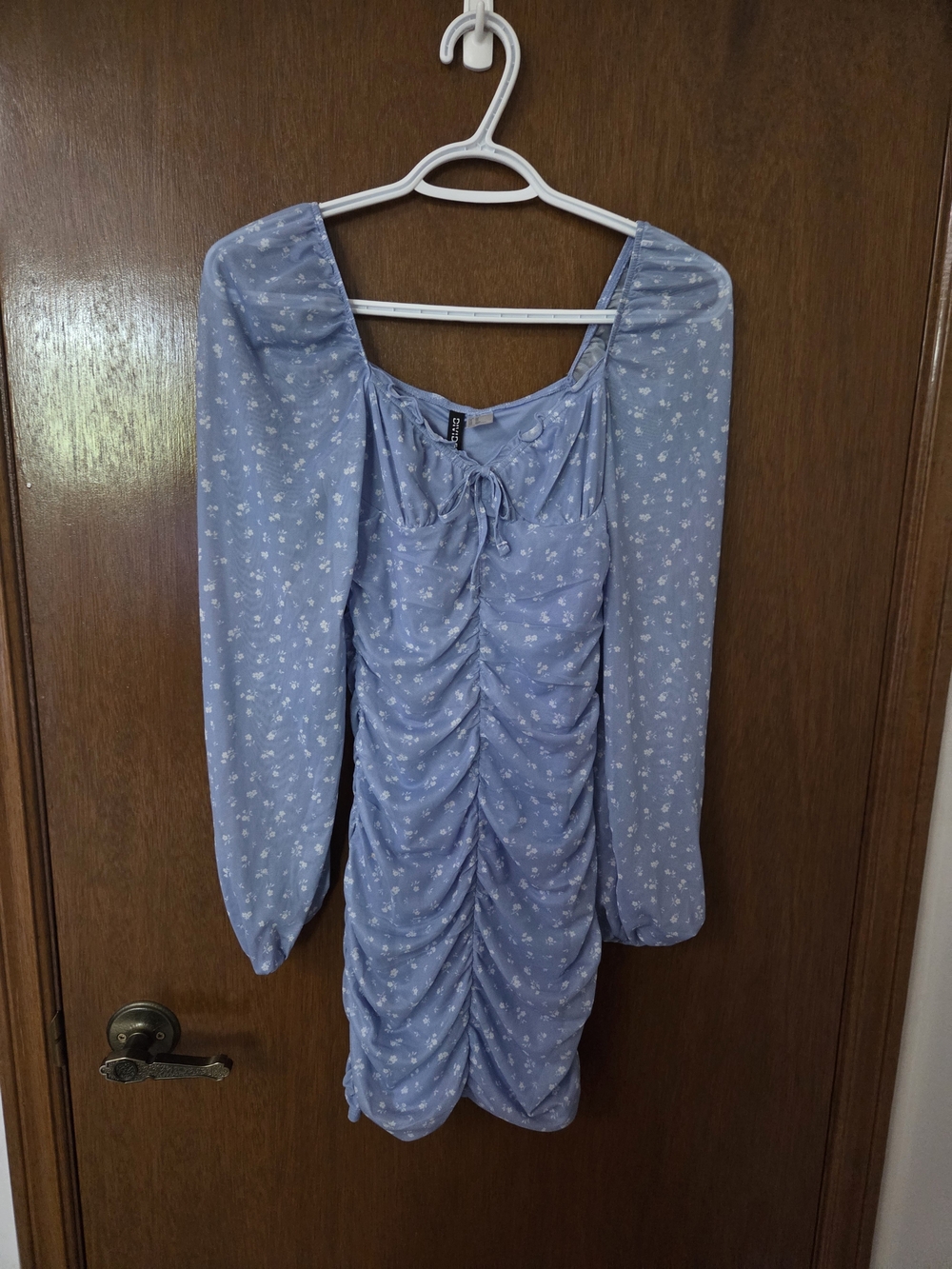 Divided Blue Floral Ruched Long-Sleeve Mini Dress